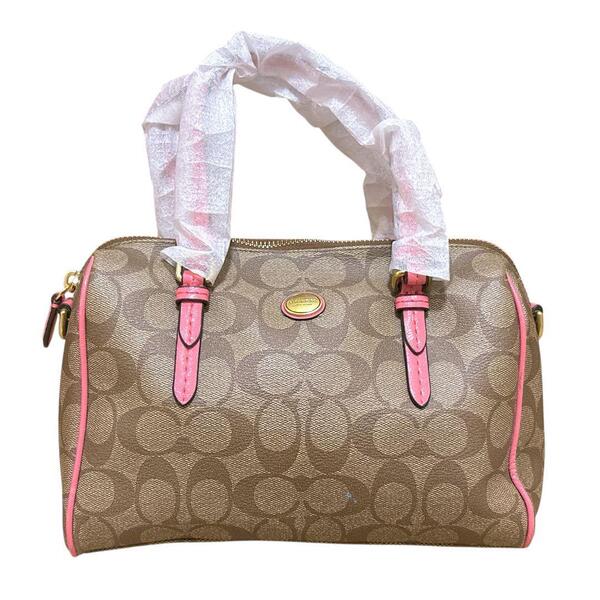 未使用級 COACH コーチ ミニボストンバッグ ハンドバッグ F49862 シグネチャー PVC ロゴ 2WAY ブラウン×ピンク レディース