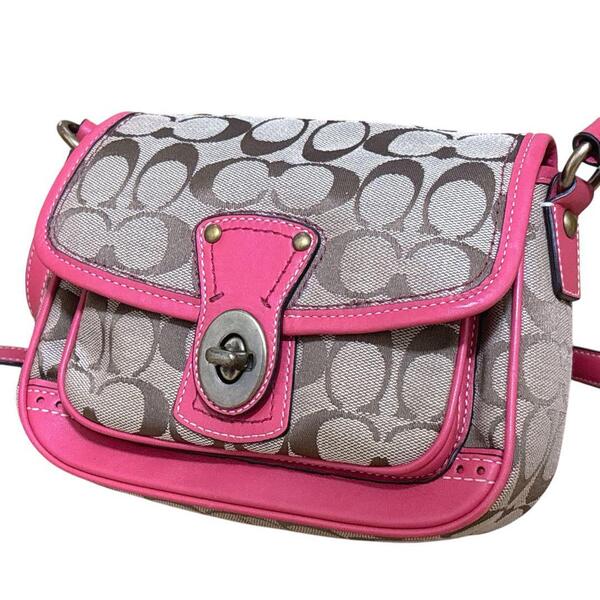 コーチ COACH ショルダーバッグ キャンバス レザー ターンロック 10569 斜め掛け サコッシュ ポシェット ベージュ×レッド レディース