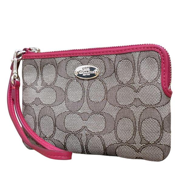 極美品 COACH コーチ ポーチ ミニバッグ カード入れ リストレット付 シグネチャー レザー F53536 ブラウン レッド