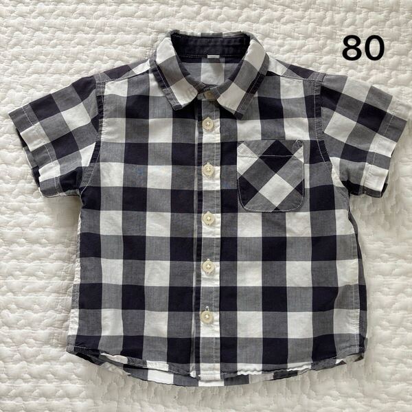 無印良品 キッズ半袖シャツ サイズ80 ブロックチェック黒白 チェック柄 子供服