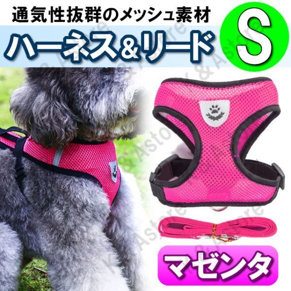 ハーネス リード メッシュ ペット 犬用 猫用 散歩 抜けない 脱げない 首輪 胴輪 超小型犬用 小型犬用 Sサイズ マゼンタ