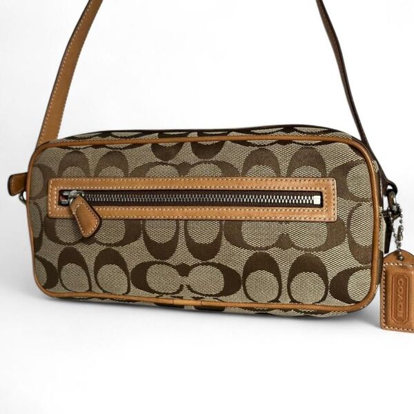 美品 COACH コーチ ショルダーバッグ シグネチャー キャンバス レザー ポシェット 斜め掛け クロスボディ