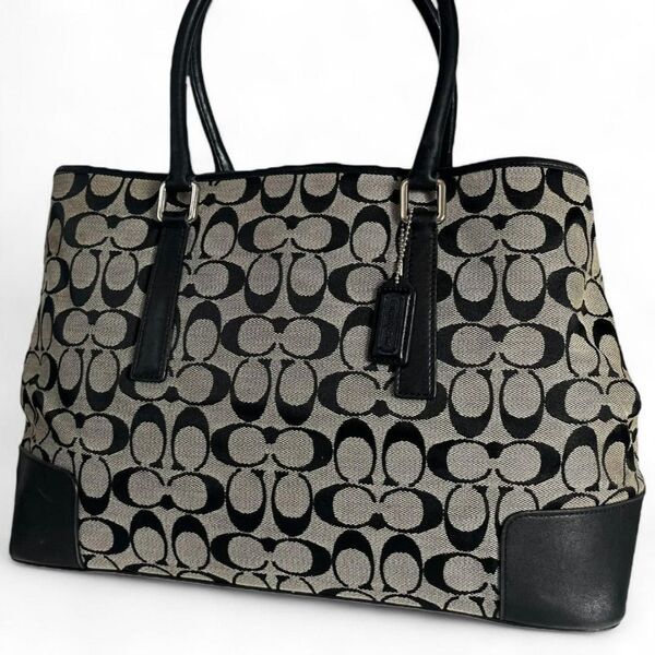 美品 COACH コーチ トートバッグ シグネチャー キャンバス キャリーオール 黒 A4 レザー ショルダーバッグ 6086