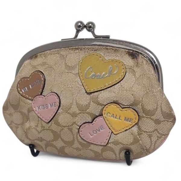 良品 COACH コーチ コインケース 小銭入れ がま口 アップリケ シグネチャー キャンバス ハート ベージュ