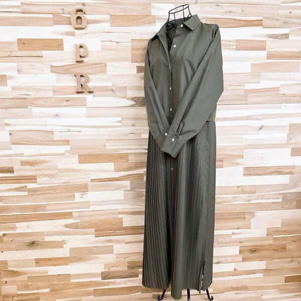 【ザラ】プリーツ切り替え ロング シャツ ワンピース シェルボタン S カーキ【HFby6PR】レディース・洋服・春夏・秋冬【7LKC】
