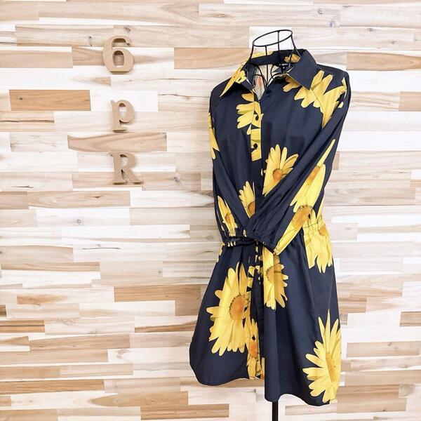 【デシグアル】マーガレット 大輪 花柄 シャツ ミニ ワンピース M 黒×黄【HFby6PR】レディース・洋服・春夏【1V52】