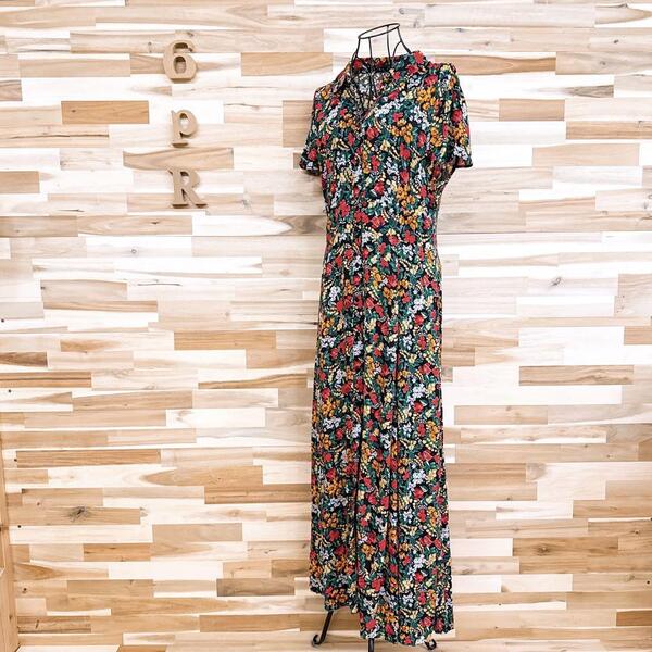 【ザラ】ボタニカル フラワー 花柄 ロング シャツ ワンピース 半袖 L 黒×赤【HFby6PR】レディース・洋服・春夏【2GH7】