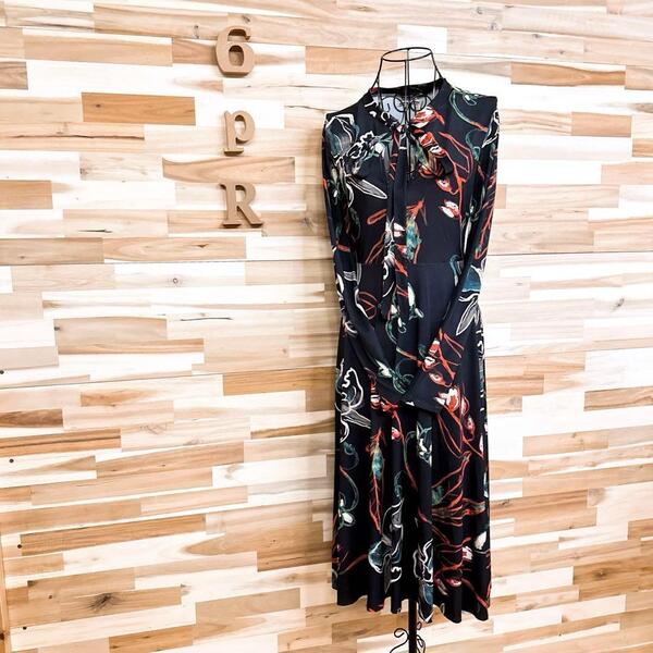 【ザラ】ZARA アート デザイン 総柄 ロング ワンピース リボン S 黒×緑【HFby6PR】レディース・洋服・春夏・秋冬【6NU1】