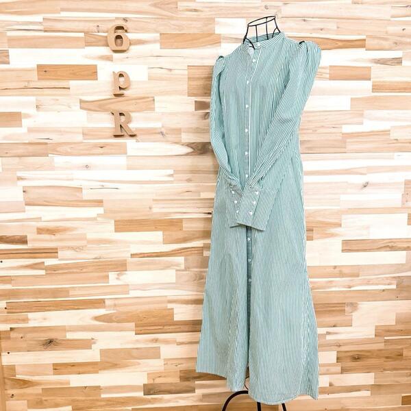 人気【アダムエロペ】ロング シャツ ワンピース ストライプ 長袖 緑グリーン×白【HFby6PR】レディース・洋服・春夏・秋冬【2IIN】