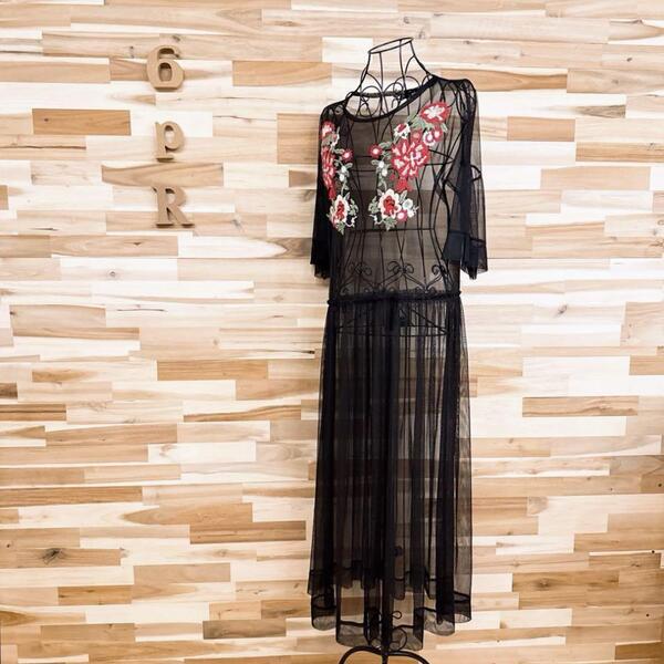 【ザラ】シアー チュール 刺繍 花柄 ロング ワンピース レイヤード S黒×赤【HFby6PR】レディース・洋服・春夏【584D】