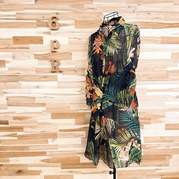 【ザラ】透け感シアー 花柄 リーフ ボタニカル 長袖シャツ 羽織 S 紺×緑【HFby6PR】レディース・洋服・春夏【6ZI5】