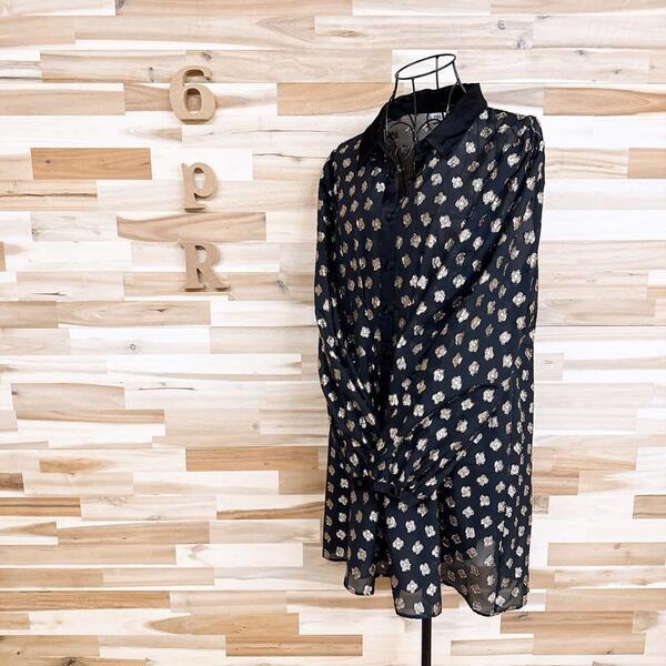 【ザラ】花 フラワーモチーフ メタル糸 シャツ ミニ ワンピース L 黒×金【HFby6PR】レディース・洋服・春夏【1WAD】