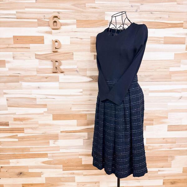 【マッキントッシュフィロソフィー】ニット ツイード 切り替え ワンピース 紺×白【HFby6PR】レディース・洋服・秋冬【9RJC】