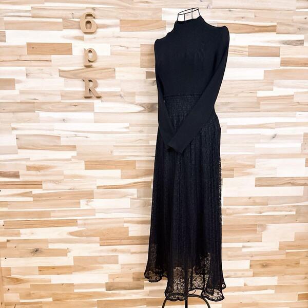 【フレイアイディー】ニット プリーツ 切り替え ロング ワンピース 花柄レース黒【HFby6PR】レディース・洋服・秋冬【94LL】