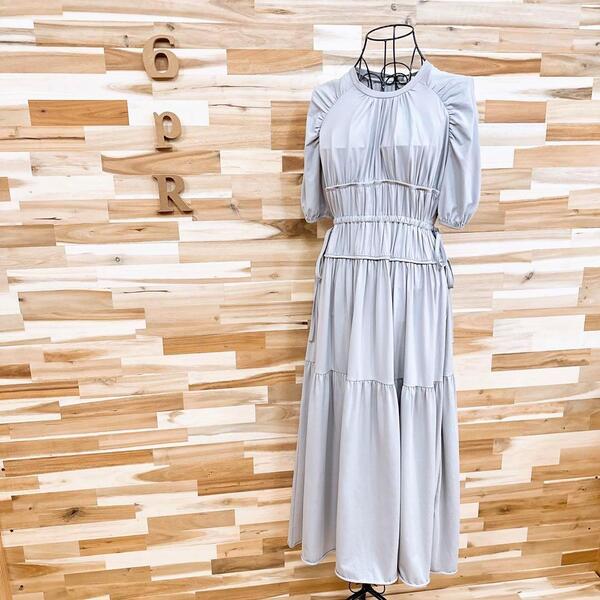 【ファーファー】 ティアード パフスリーブ ロング ドレス ワンピース グレー【HFby6PR】レディース・洋服・春夏・秋冬【2M35】