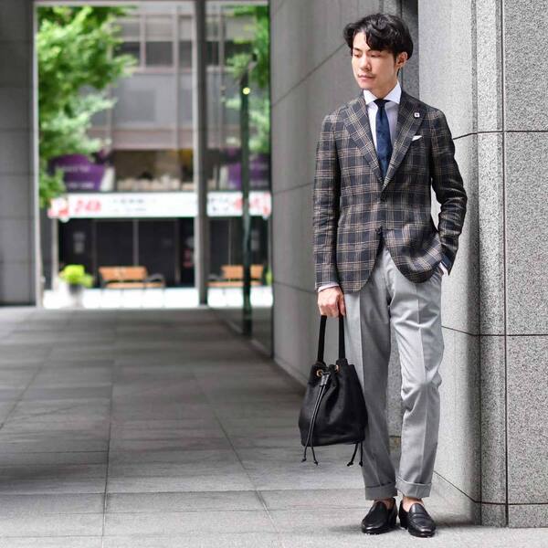 新品タグ付 イタリア製 LARDINI 春夏 リネンウール混 ダークネイビー系 チェック 2B アンコンジャケット 52(XL相当) ブートニエール付