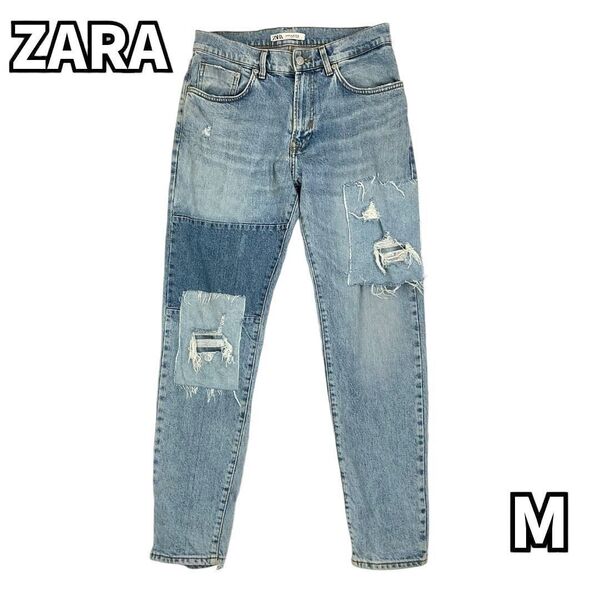 【個性溢れるデザイン】 ZARA ザラ ダメージデニム パッチワーク クラッシュ加工 ハードなディテール ラフでおしゃれ ブルー M 38