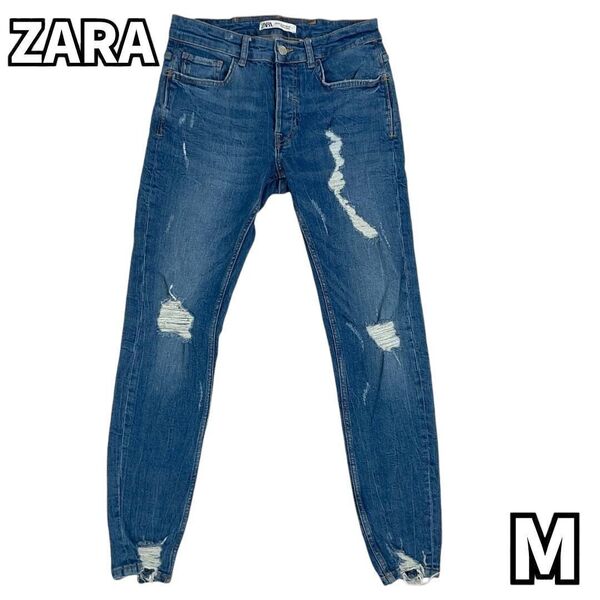 【こなれ感漂うヴィンテージダメージ】 ZARA ザラ デニムパンツ スキニーフィット ダメージ加工 ブルー M 38