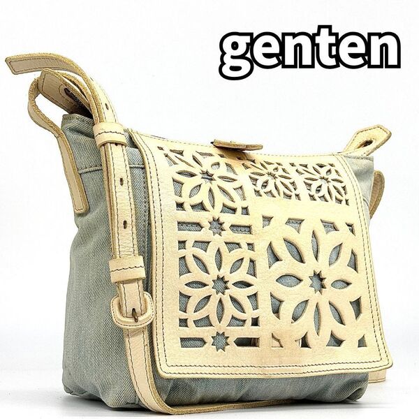 ナチュラルな華やぎ★ genten ゲンテン ショルダーバッグ デニム カットワーク 軽量 花柄 春夏コーデ 本革 クロスボディ レザー 白 青