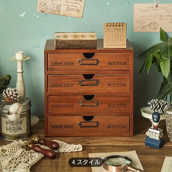 【福箱商品】+雑貨6点 木製収納引出し4段 卓上 ヴィンテージ 福袋 レース クリップ ブックマーク メジャー はさみ クッションカバー