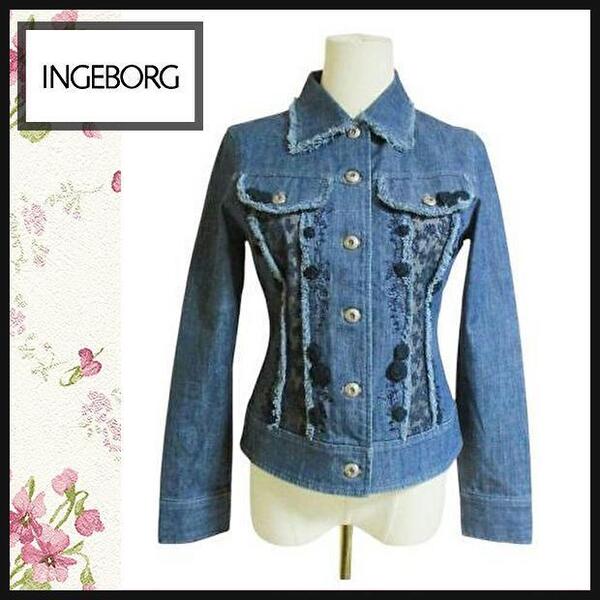 【INGEBORG/インゲボルグ】Gジャン レース かぎ針編み 刺繍 手洗い デニムジャケット S フラワーモチーフ ストレッチ 匿名発送
