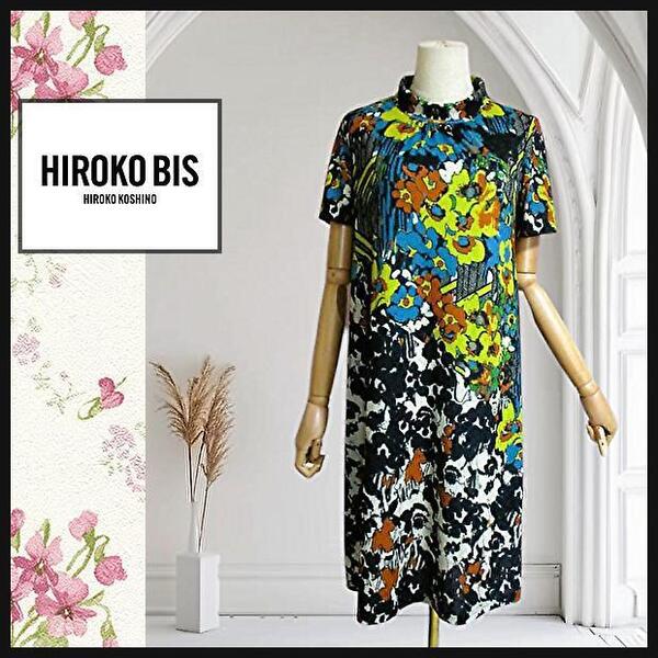 【HIROKO BIS/ヒロコビス/コシノヒロコ】ワンピース 総柄 膝丈手洗い9 レトロ ストレッチ 伸縮性 ウォッシャブル M 匿名発送