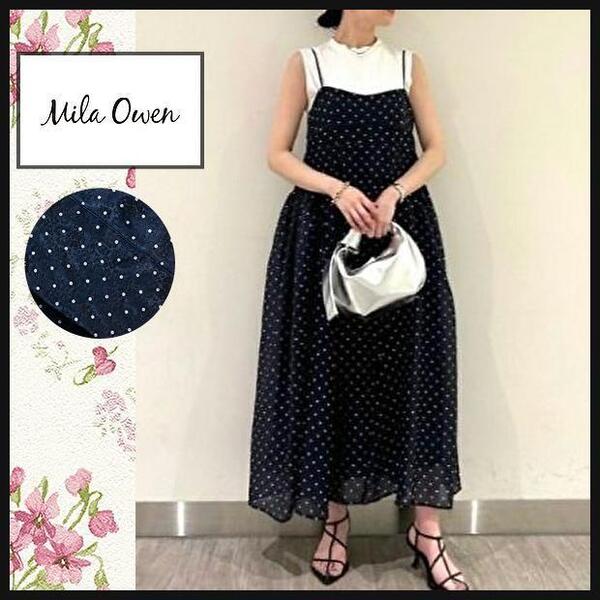 【ミラオーウェン】キャミワンピース ネイビー ドット 手洗い シアー感 1 MiraOwen 透け感 紺 19910円 レイヤード 匿名発送