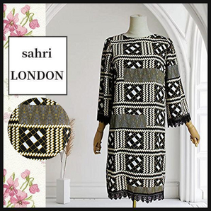 【サリ ロンドン】プリント柄 ワンピース 膝丈 総柄 レース イギリス黒 長袖 sahri LONDON モダン 幾何学柄 匿名発送