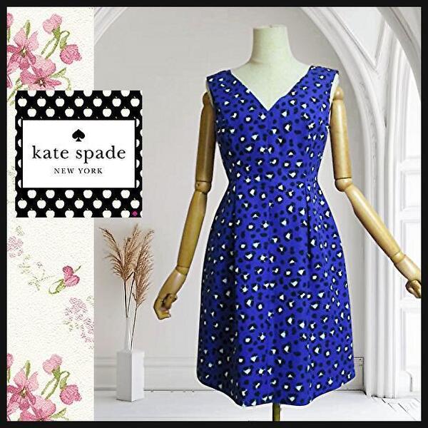 【ケイトスペード】ワンピース シルク混 Vネック 総柄 Aライン Mブルー kate spade NEWYORK ノースリーブ 4サイズ 匿名発送