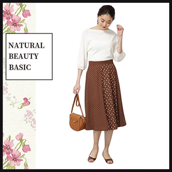 【ナチュラルビューティーベーシック】フレアスカート ドット ブラウン 通勤 S ブラウン NATURAL BEAUTY BASIC オフィス 匿名発送
