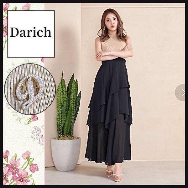【Darich】ドッキングフリルロングワンピース 手洗いブローチ 黒ベージュ ダーリッチ ティアードスカート リブ編み 細見え 匿名発送