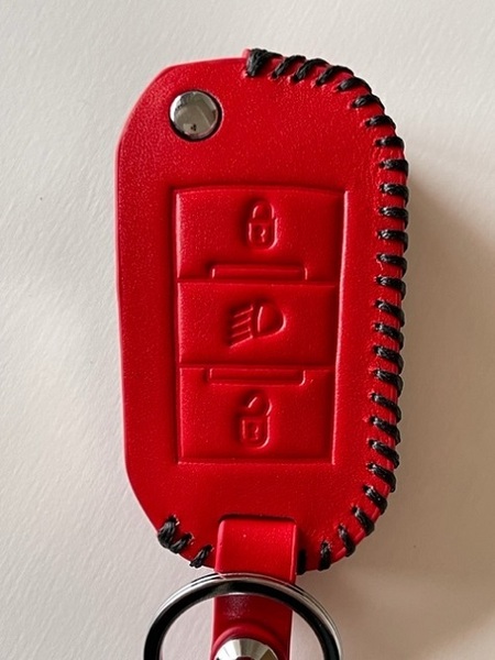 牛革ぴったり収まる プジョー スマートキーケース シトロエン 赤色縫い糸黒 1