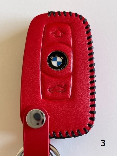 牛革ジャストフィット BMW スマートキーケース Eシリーズ 赤色縫い糸黒 3