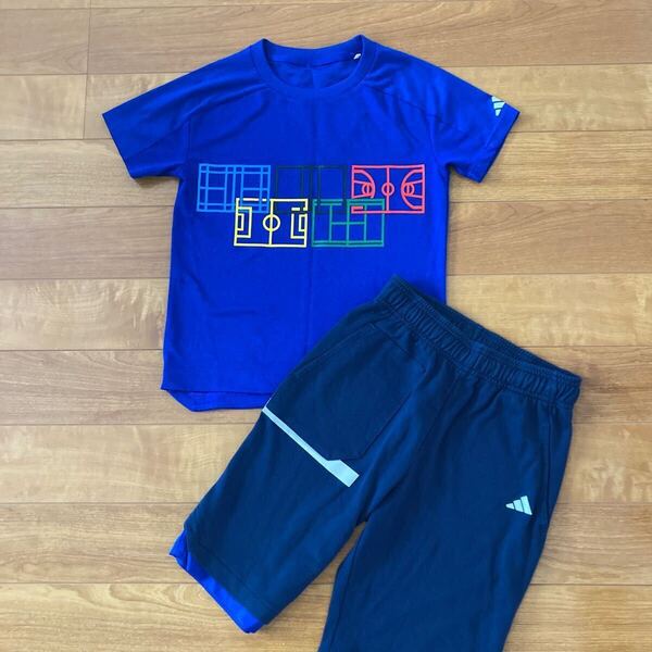 アディダス 上下セット Tシャツ ハーフパンツ ジャージ 130 140 adidas サッカー バスケ テニス コート柄 青 ブルー スポーツ 練習着