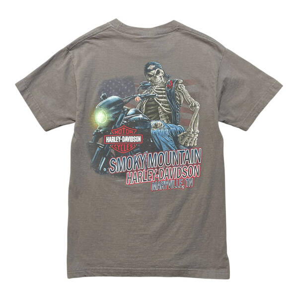 USA 古着 HARLEY-DAVIDSON ハーレーダビッドソン スモーキーマウンテン スカル プリント Tシャツ メンズS チャコール BA3629