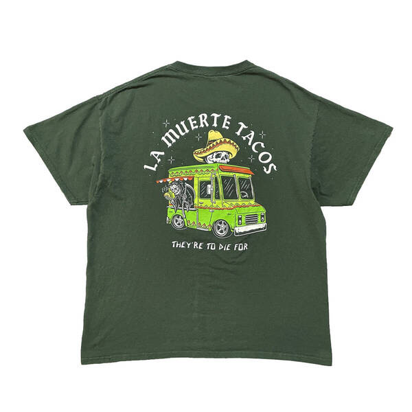 USA 古着 タコス屋さん Tシャツ 企業系 メキシカンスカル ドクロ バックプリント グリーン クルーネック メンズXL BA3651