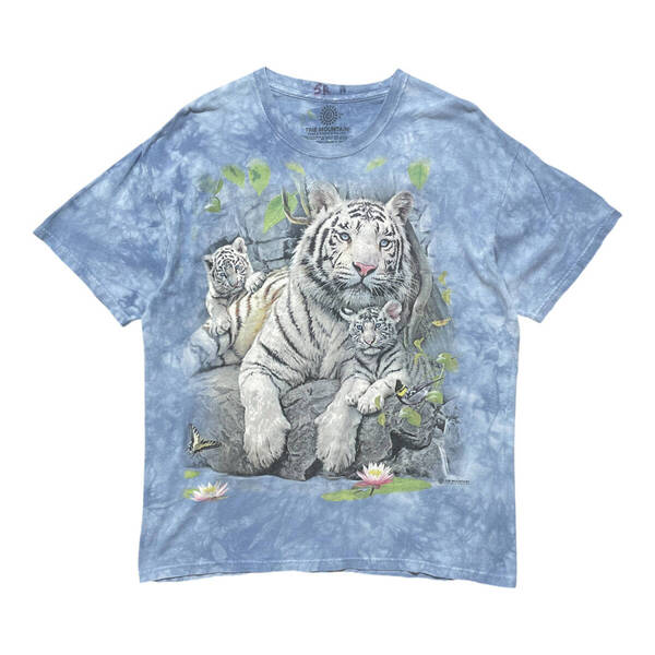 USA 古着 The Mountain ザマウンテン アニマルプリント Tシャツ タイダイ ホワイトタイガー プリント 水色 メンズL クルーネック BA3680