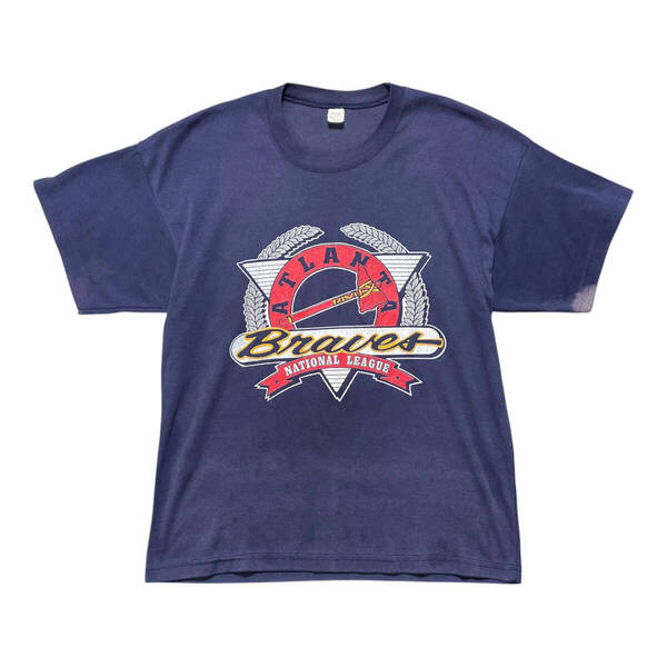 古着 USA製 90S MLB アトランタブレーブス Tシャツ ヴィンテージ ロゴ プリント ネイビー メンズL BA3691