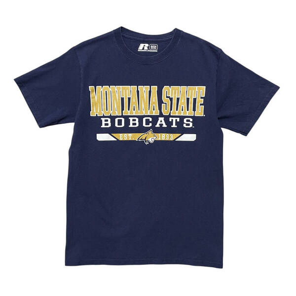 USA 古着 ラッセル モンタナ州立大学 カレッジ Tシャツ プリント ネイビー メンズS クルーネック BA3695