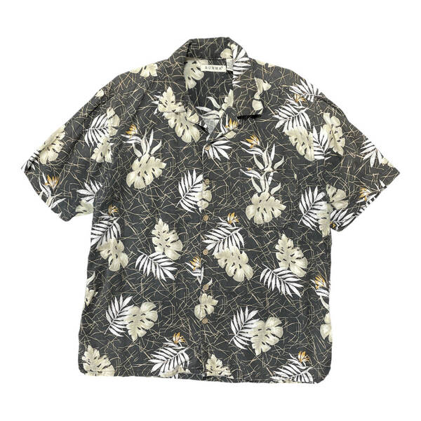 USA 古着 SUMMA コットン/レーヨン 開襟 アロハシャツ ハワイアンシャツ メンズL ブラック リーフ柄 ヴィンテージ 黒色 BF2810