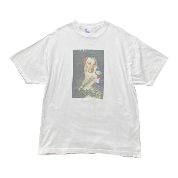 古着 USA製 90S 誰やねん ペット Tシャツ ヴィンテージ ホワイト クルーネック メンズXL シングルステッチ アニマル 犬 BA3707