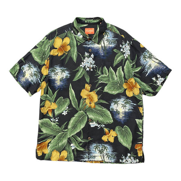 USA 古着 Tommy Bahama トミーバハマ シルク 開襟 アロハシャツ キャンプシャツ ハイビスカス柄 メンズM ブラック 黒 柄合わせ BF2785