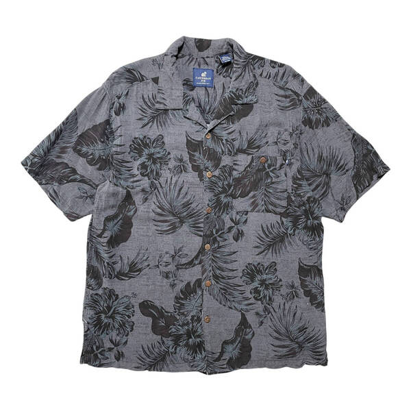 USA 古着 CARIBBEAN JOE カリビアンジョー レーヨン 開襟 アロハシャツ ハワイアンシャツ パームツリー ヤシの木 メンズL グレー BF2789