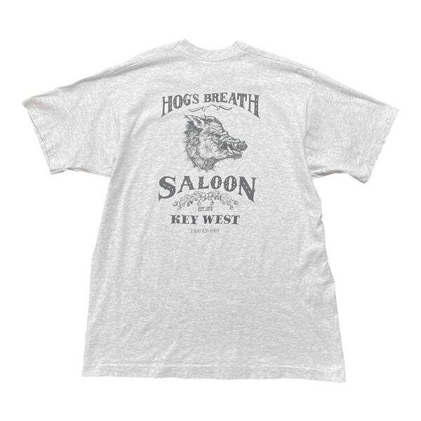 古着 90S USA製 ヴィンテージ HOG'S BREATH SALOON イノシシ バックプリント Tシャツ メンズXL ライトグレー シングルステッチ BA3709