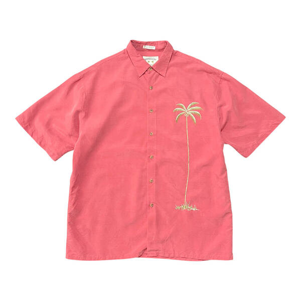 USA 古着 BAMBOO CAY バンブーケイ レーヨン/ポリエステル アロハシャツ ハワイアンシャツ パームツリー 刺繍 メンズXL 薄レッド BF2824