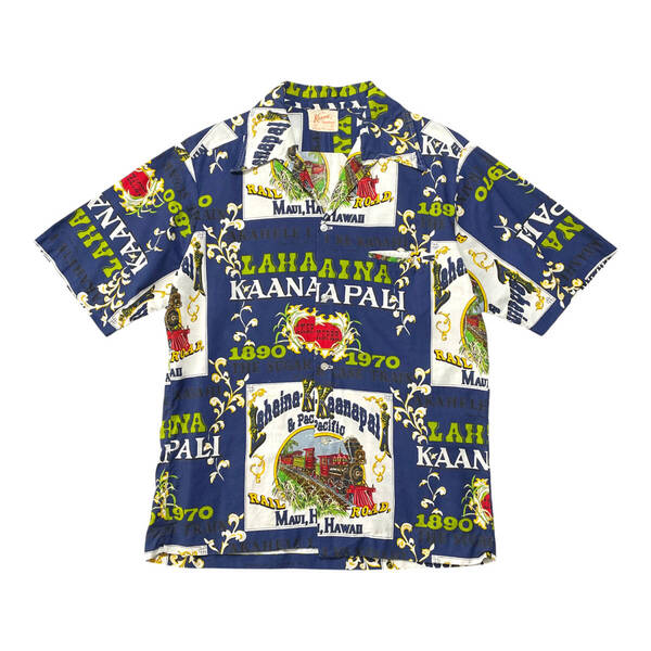 USA 古着 60S 70S Keone Sportswear ヴィンテージ コットン 開襟 アロハシャツ ハワイアンシャツ 総柄 ネイビー系 メンズL BF2841