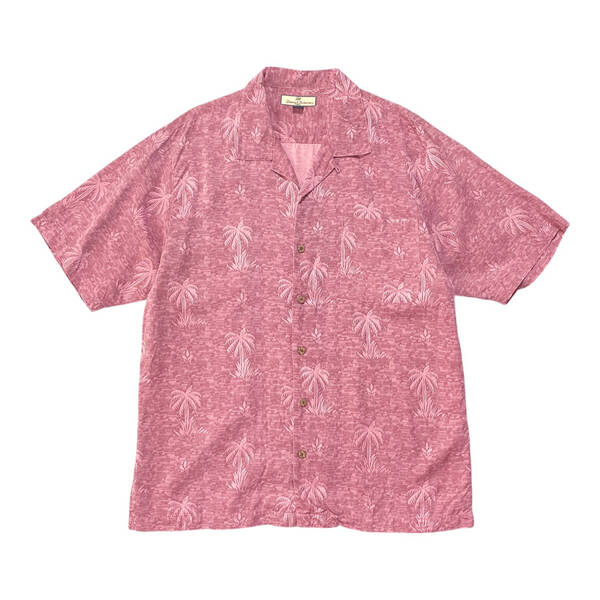 USA 古着 Tommy Bahama トミーバハマ シルク 開襟 アロハシャツ キャンプシャツ ジャガード パームツリー柄 メンズXL マルーン系 BF2848