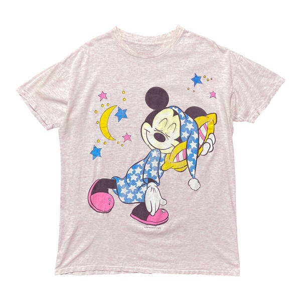 90S Disney ヴィンテージ ディズニー ミッキーマウス パジャマTシャツ ワンピースTシャツ レディースXL相当 ダメージ系 シングル BA3721