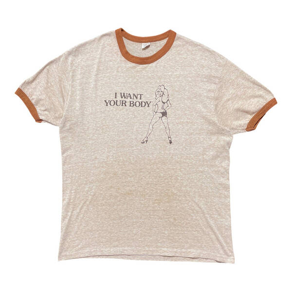 古着 70S USA製 Hanes ヴィンテージ セクシー系 プリント トリムTシャツ リンガーTシャツ ブラウン メンズXL 茶色 BA3727