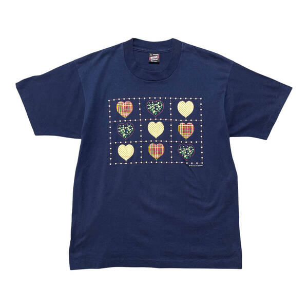 古着 90S USA製 ヴィンテージ ハートマーク プリント クルーネック Tシャツ メンズL シングルステッチ ネイビー 紺色 BA3731